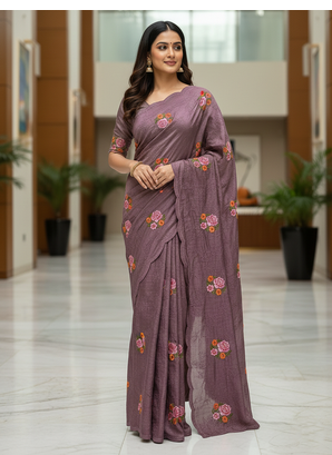 Lavender Color Malti Thread Embroidery work art silk saree 2