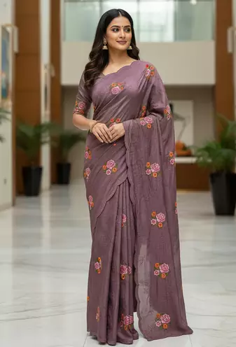 Lavender Color Malti Thread Embroidery work art silk saree