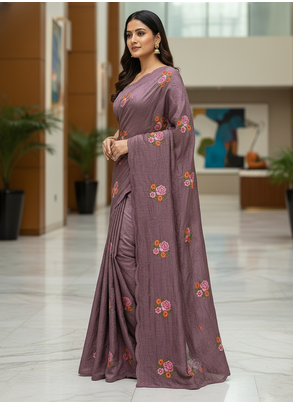 Lavender Color Malti Thread Embroidery work art silk saree 3