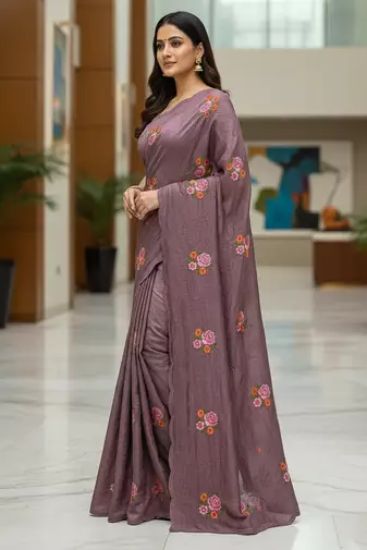Lavender Color Malti Thread Embroidery work art silk saree