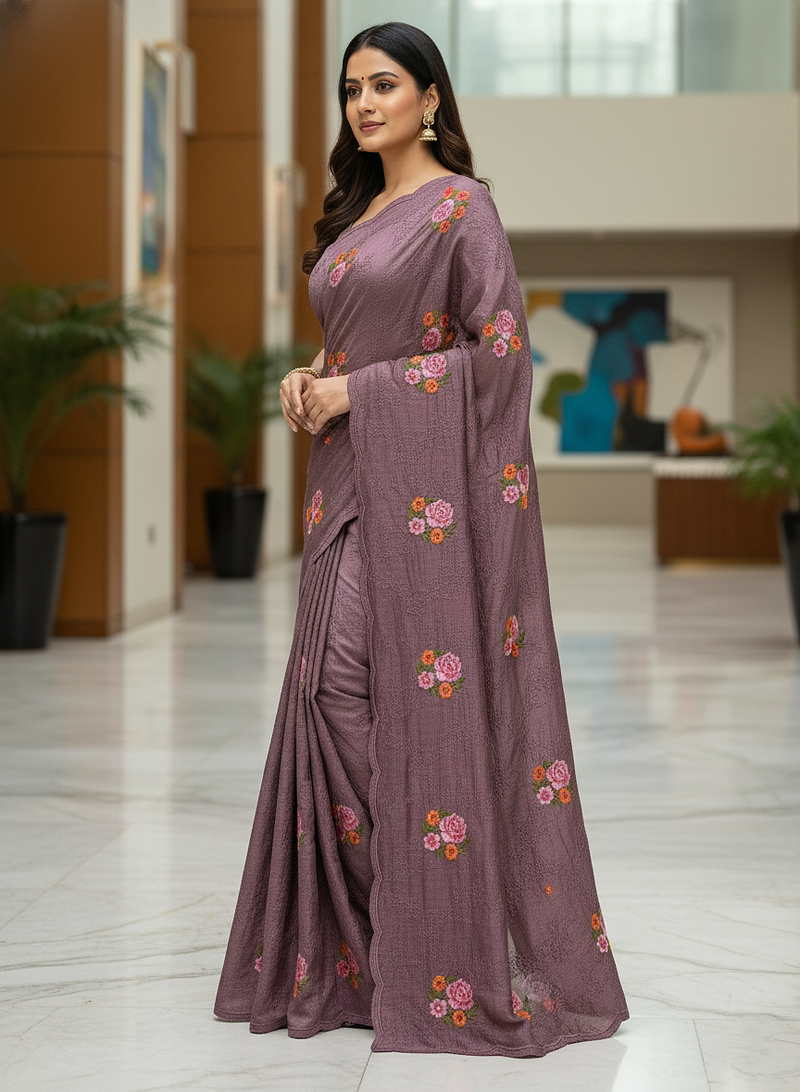 Lavender Color Malti Thread Embroidery work Silk Saree