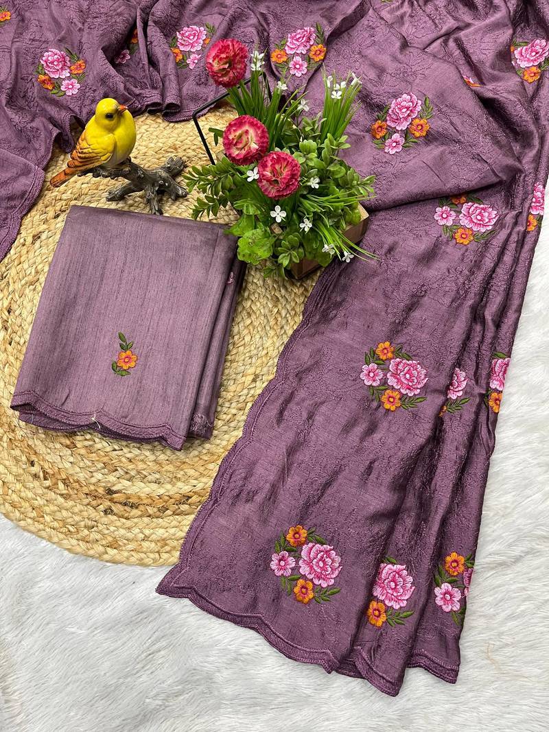 Lavender Color Malti Thread Embroidery work Silk Saree