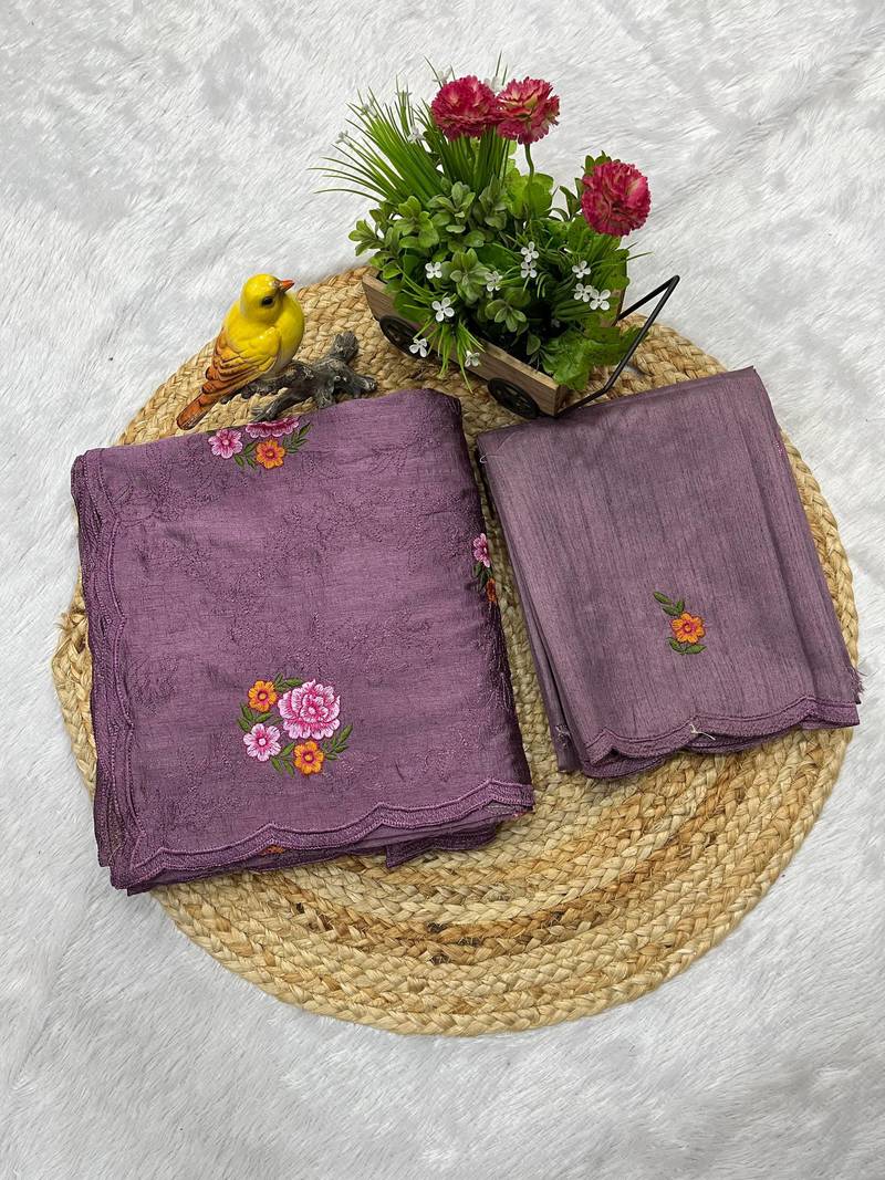 Lavender Color Malti Thread Embroidery work Silk Saree