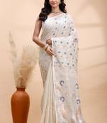 Gray handloom cotton saree with delicate blue and copper floral buti and artistic woven pallu