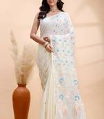 Ivory handloom cotton saree with delicate blue and golden floral buti and artistic woven pallu