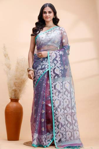 Pigeon blue dual toned muslin saree with delicate jamdani motifs and graceful contrast border