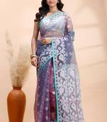 Pigeon blue dual toned muslin saree with delicate jamdani motifs and graceful contrast border
