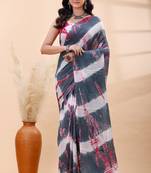 Gray bagru malmal cotton saree with white shibori patterns and red highlights