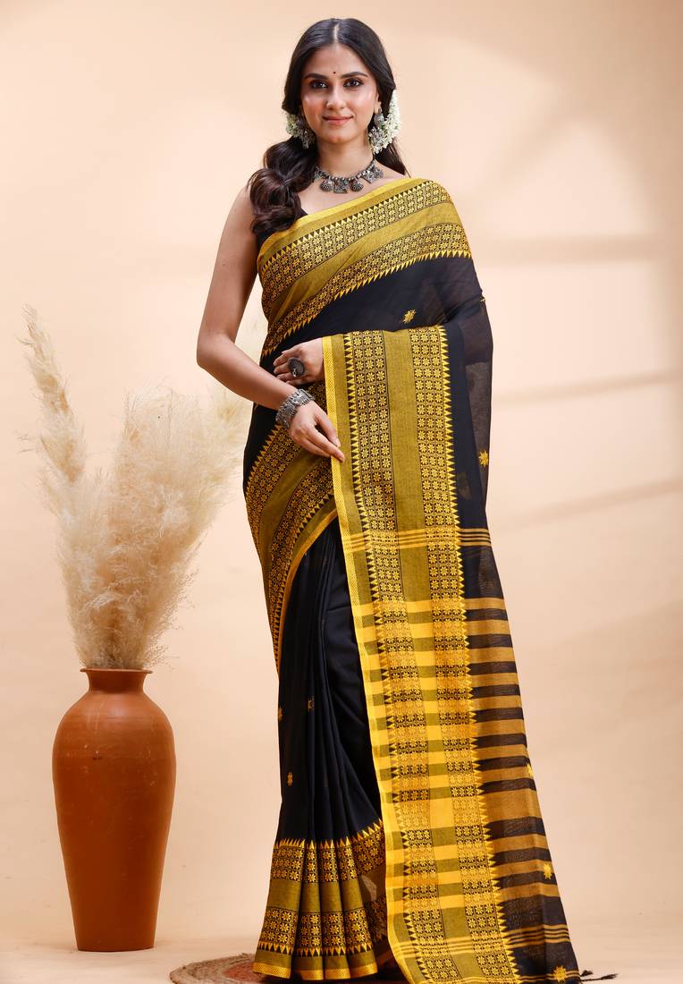 Black handloom saree with yellow traditional border & intricate weaving design