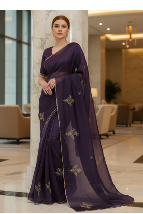 Purple Color  Embellishment work  Satin art silk saree 1