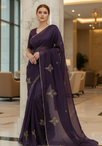 Purple Color  Embellishment work  Satin Silk Saree