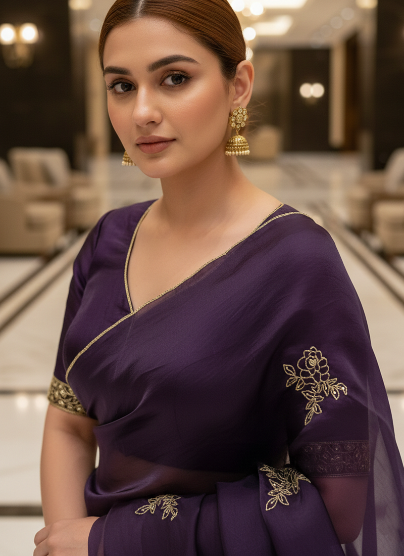 Purple Color  Embellishment work  Satin Silk Saree