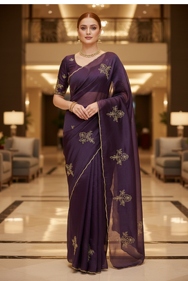 Purple Color  Embellishment work  Satin art silk saree 3