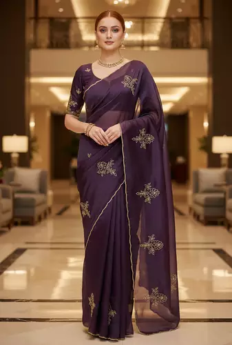 Purple Color  Embellishment work  Satin art silk saree