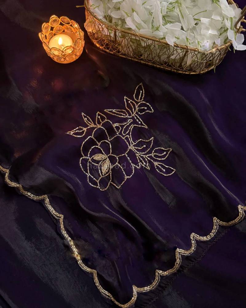 Purple Color  Embellishment work  Satin Silk Saree