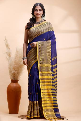 Blue handloom saree with yellow traditional border & intricate weaving design