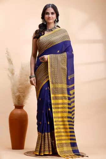 Blue handloom saree with yellow traditional border & intricate weaving design