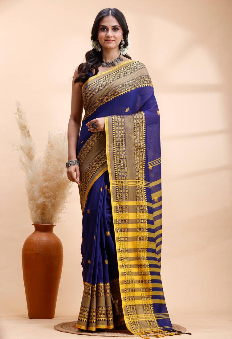 Blue handloom saree with yellow traditional border & intricate weaving design
