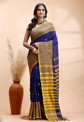 Blue handloom saree with yellow traditional border & intricate weaving design 2
