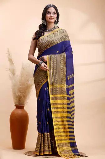 Blue handloom saree with yellow traditional border & intricate weaving design