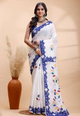 White & blue handloom saree with intricate applique work and floral artistic border 1