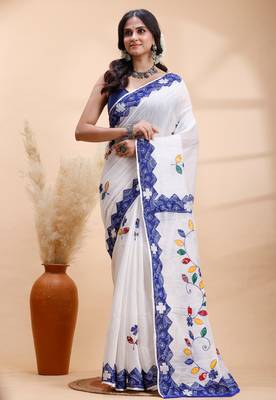 White & blue handloom saree with intricate applique work and floral artistic border 2