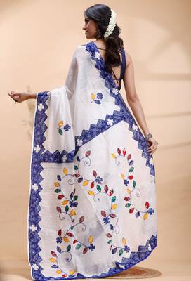 White & blue handloom saree with intricate applique work and floral artistic border 3