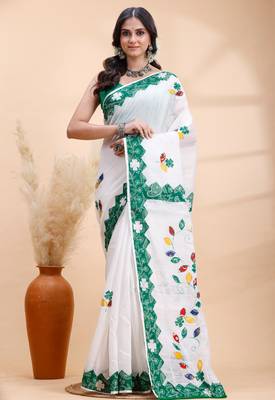 White & green  handloom saree with intricate applique work and floral artistic border 1