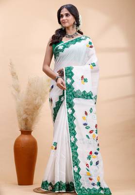 White & green  handloom saree with intricate applique work and floral artistic border 2
