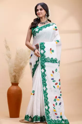 White & green  handloom saree with intricate applique work and floral artistic border