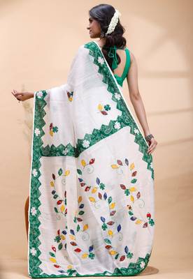 White & green  handloom saree with intricate applique work and floral artistic border 3