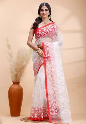 White & red muslin saree with delicate jamdani motifs and graceful contrast border 1