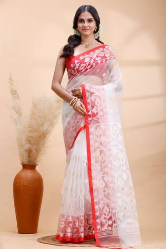 White & red muslin saree with delicate jamdani motifs and graceful contrast border