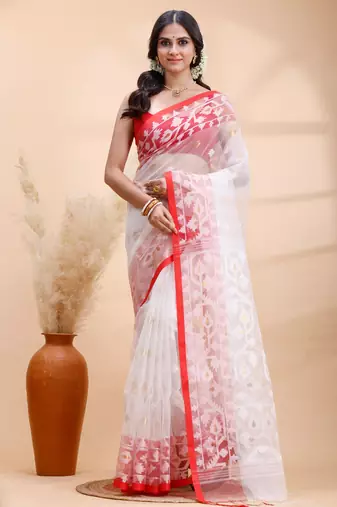 White & red muslin saree with delicate jamdani motifs and graceful contrast border