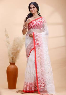 White & red muslin saree with delicate jamdani motifs and graceful contrast border 2