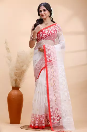 White & red muslin saree with delicate jamdani motifs and graceful contrast border
