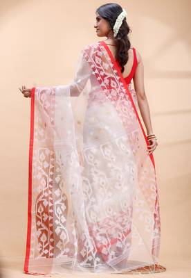 White & red muslin saree with delicate jamdani motifs and graceful contrast border 3