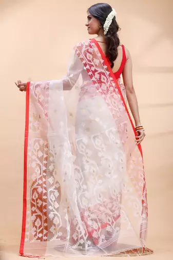 White & red muslin saree with delicate jamdani motifs and graceful contrast border