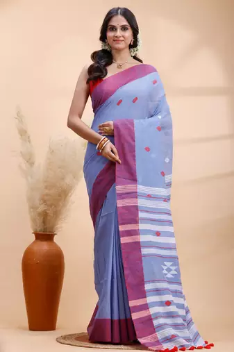 Steel blue & red handloom saree with minimalist woven motifs and classic contrast border