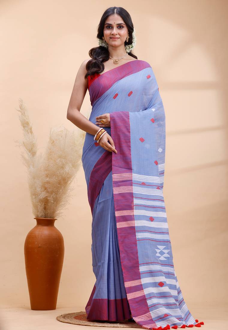 Steel blue & red handloom saree with minimalist woven motifs and classic contrast border