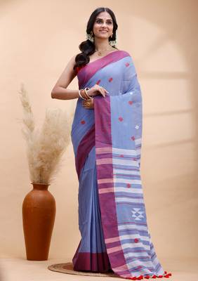 Steel blue & red handloom saree with minimalist woven motifs and classic contrast border 2