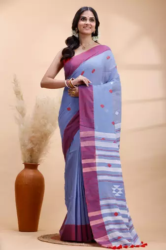 Steel blue & red handloom saree with minimalist woven motifs and classic contrast border