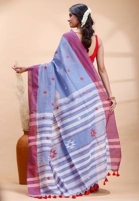 Steel blue & red handloom saree with minimalist woven motifs and classic contrast border 3