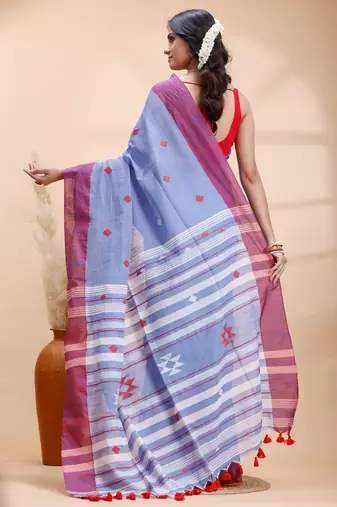 Steel blue & red handloom saree with minimalist woven motifs and classic contrast border