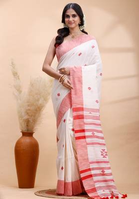 Offwhite & red handloom saree with minimalist woven motifs and classic contrast border 1