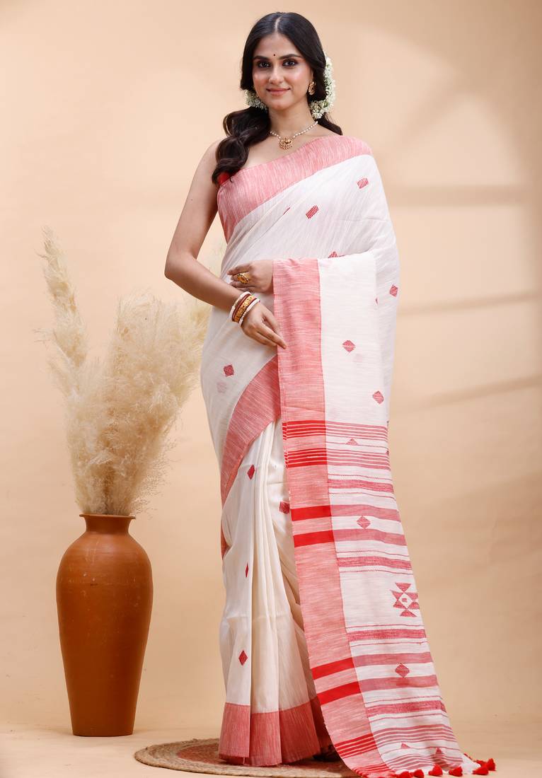 Offwhite & red handloom saree with minimalist woven motifs and classic contrast border