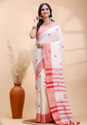 Offwhite & red handloom saree with minimalist woven motifs and classic contrast border 2