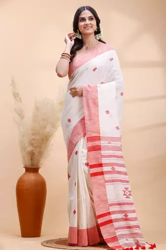 Offwhite & red handloom saree with minimalist woven motifs and classic contrast border