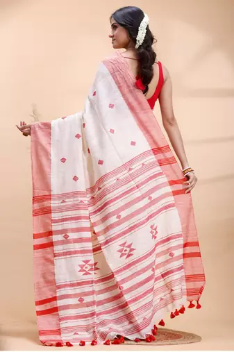 Offwhite & red handloom saree with minimalist woven motifs and classic contrast border