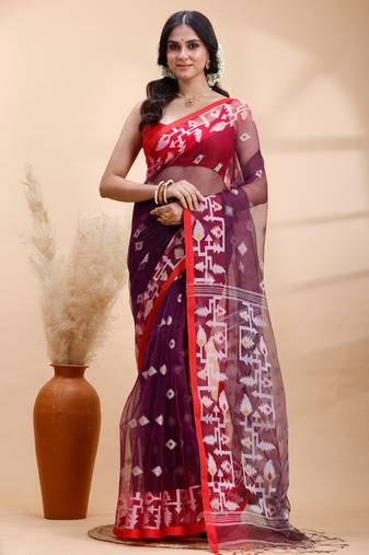 Purple & red muslin saree with delicate jamdani motifs and graceful contrast border